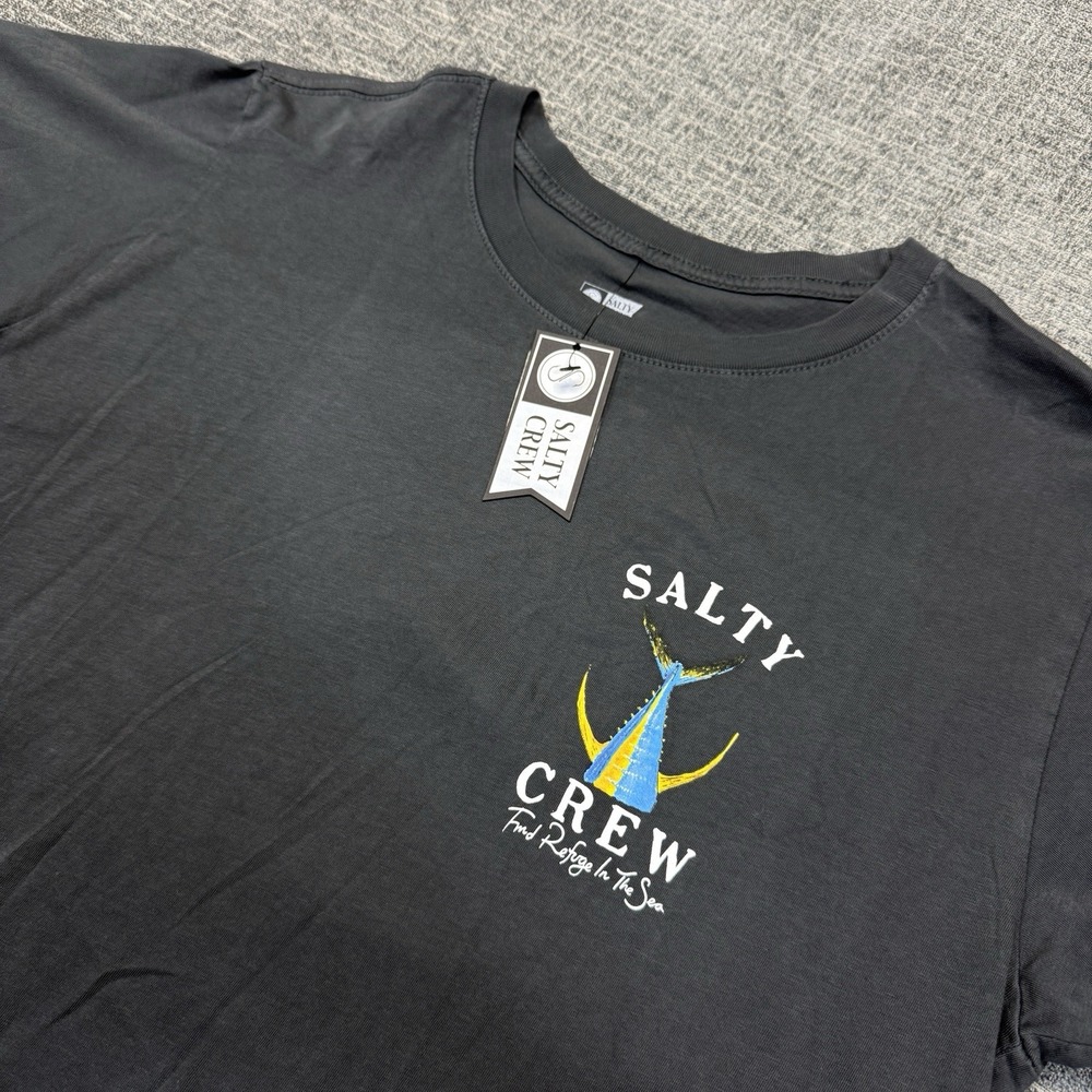 Salty Crew T Shirt Men's Large Black Chasing Tail Yellowtail Tuna Fishing NWT